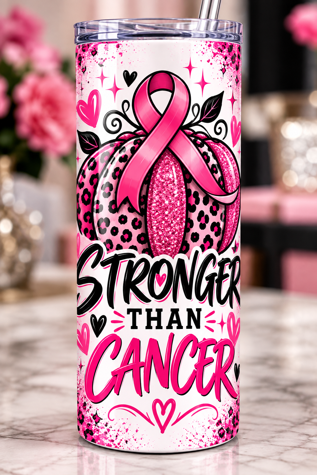 Stronger Than Cancer Tumbler | Pink Breast Cancer Awareness Ribbon & Leopard Print Drinkware | Cancer Fighter & Survivor Gift